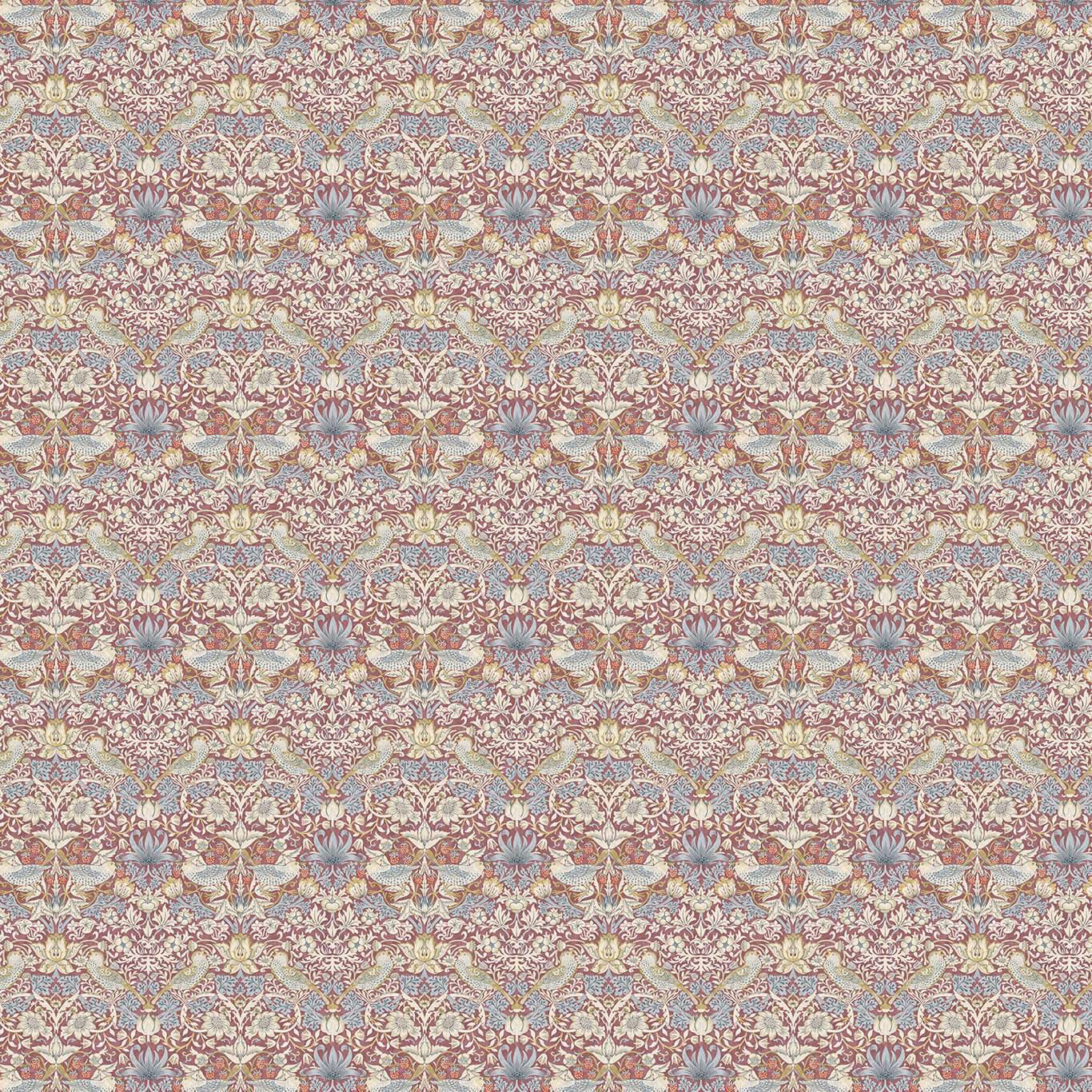 Muted plum, dusty blue and sage Strawberry Thief birds and foliage in a tight repeat