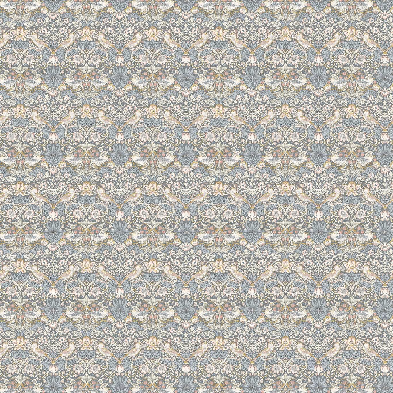 Slate-grey Strawberry Thief fabric with blush birds, cream flowers and dense floral detail