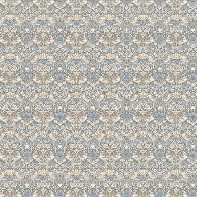 Slate-grey Strawberry Thief fabric with blush birds, cream flowers and dense floral detail
