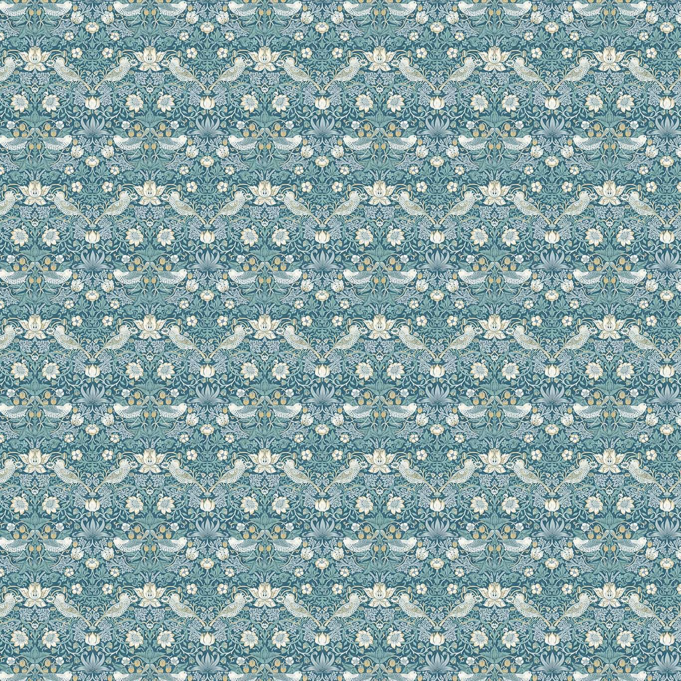 Muted teal fabric with cream birds, floral sprigs, and dense repeating motifs