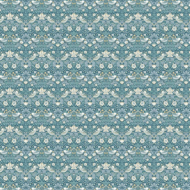 Muted teal fabric with cream birds, floral sprigs, and dense repeating motifs