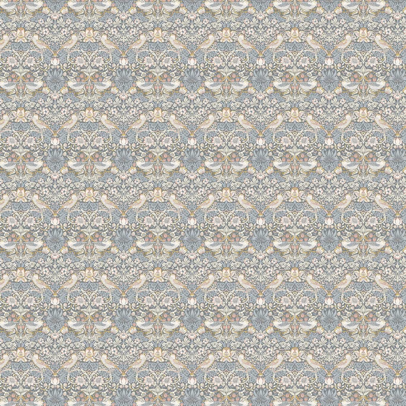 Slate-blue fabric with blush birds, cream flowers and finely detailed leafy motifs