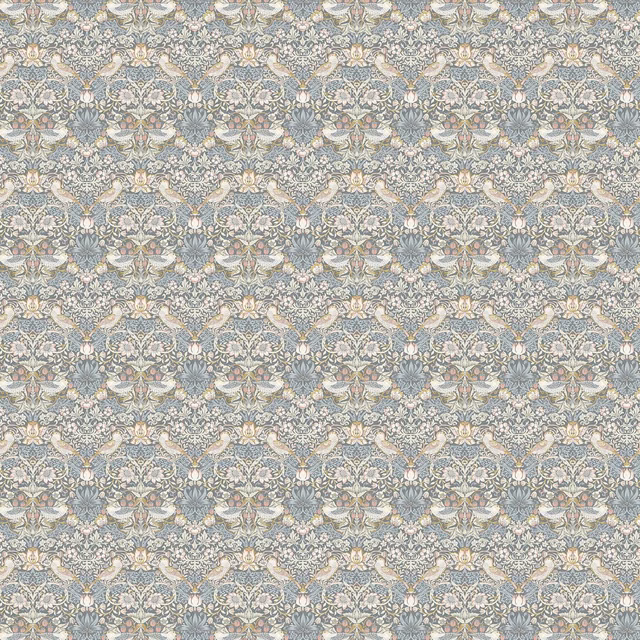Slate-blue fabric with blush birds, cream flowers and finely detailed leafy motifs