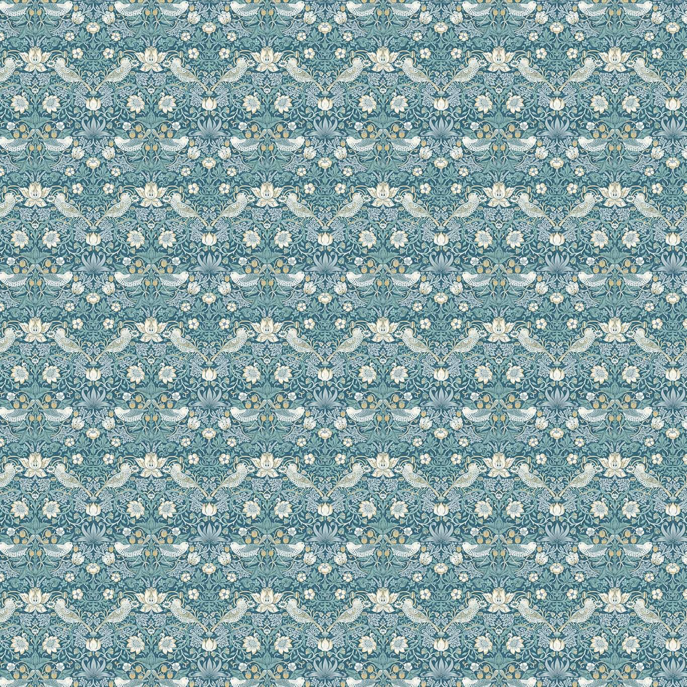 Muted teal fabric with cream birds, flowers and scrolling botanical foliage