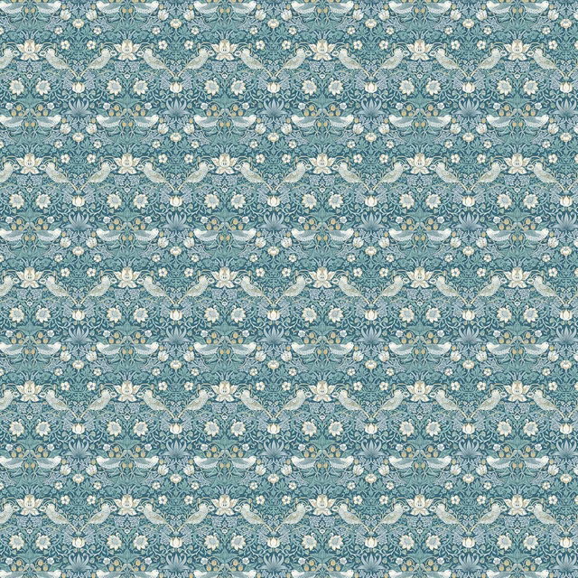 Muted teal fabric with cream birds, flowers and scrolling botanical foliage