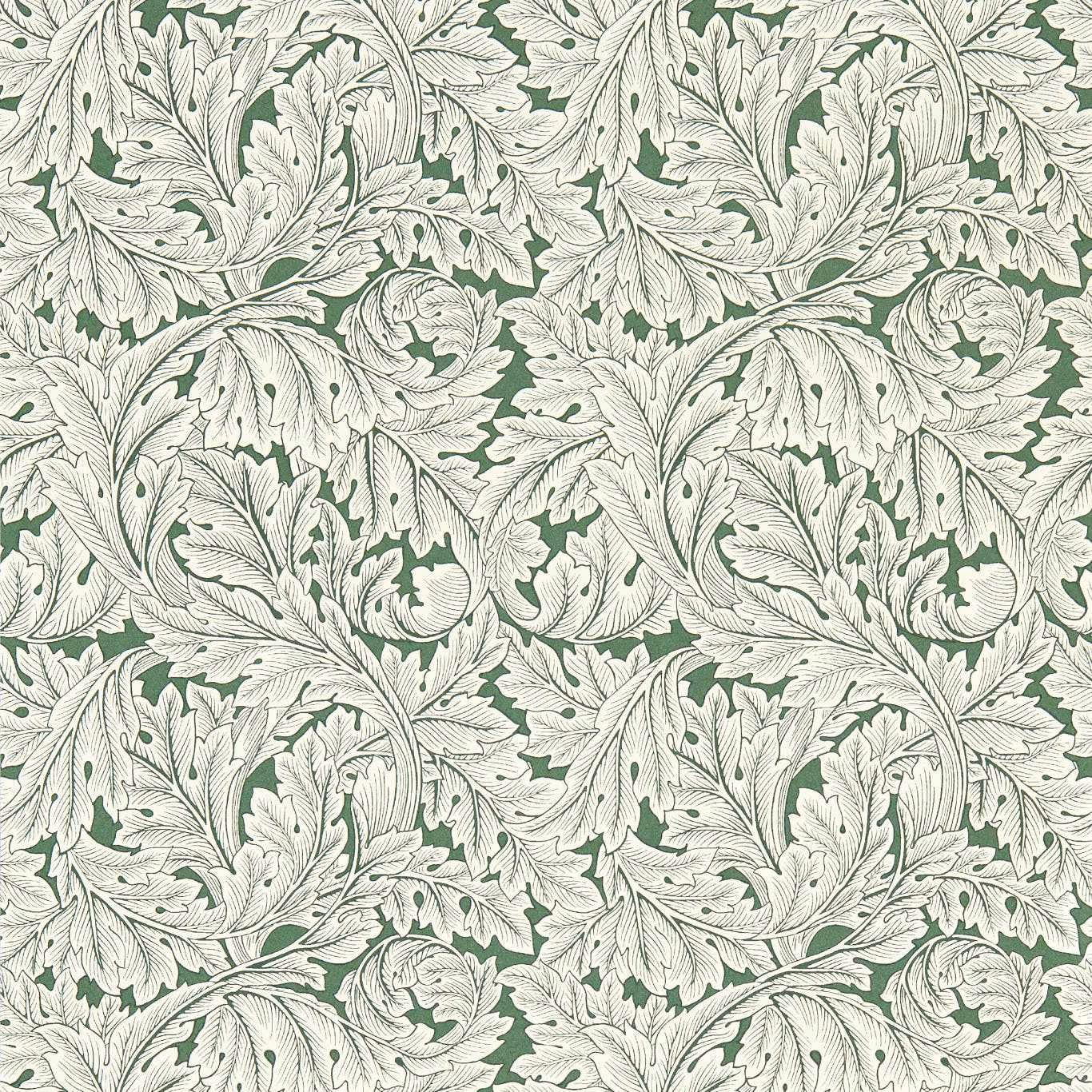 Ivory acanthus leaves in fine detail over a muted sage-green wallpaper ground