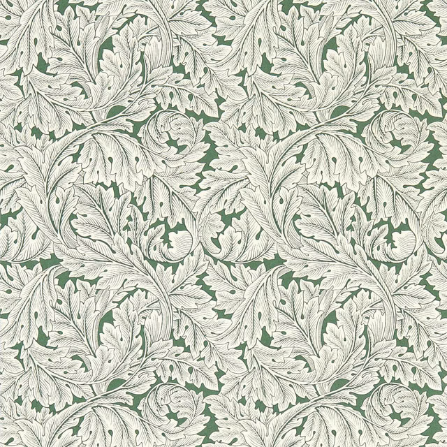 Ivory acanthus leaves in fine detail over a muted sage-green wallpaper ground