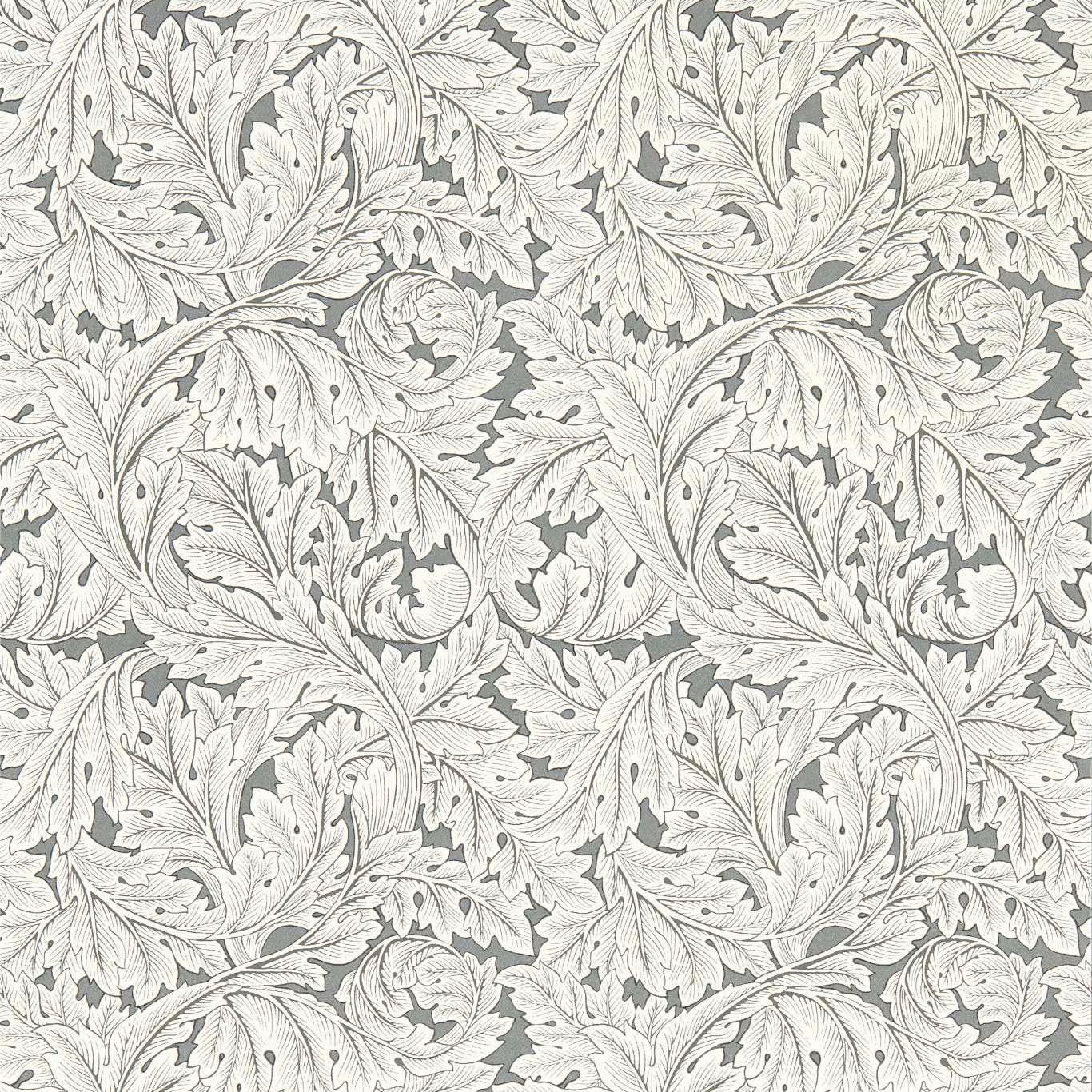 Slate grey wallpaper with ivory acanthus leaves and fine engraved linework