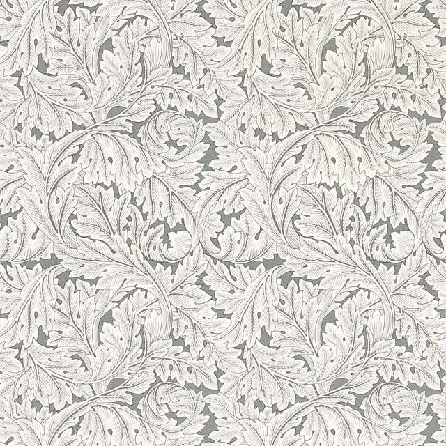 Slate grey wallpaper with ivory acanthus leaves and fine engraved linework
