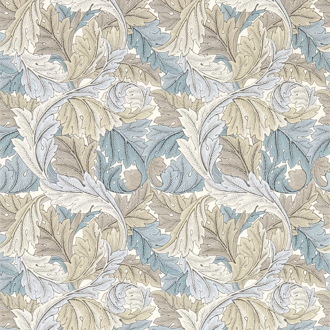 Slate-blue and dove acanthus leaves with cream outlines in a repeating wallpaper design