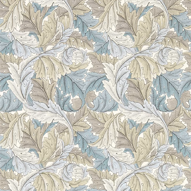 Slate-blue and dove acanthus leaves with cream outlines in a repeating wallpaper design