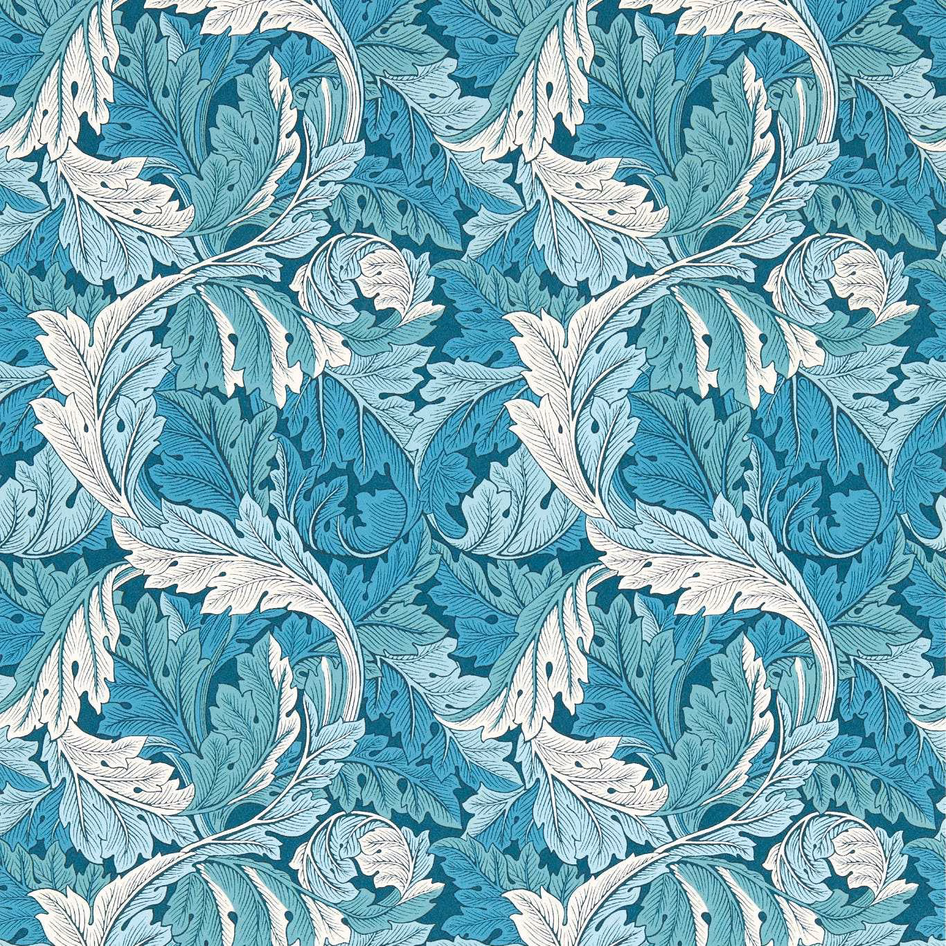 Cool teal wallpaper with sweeping cream acanthus leaves and detailed botanical scrolls