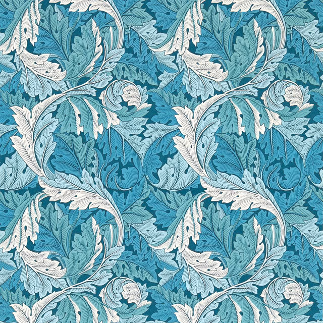 Cool teal wallpaper with sweeping cream acanthus leaves and detailed botanical scrolls