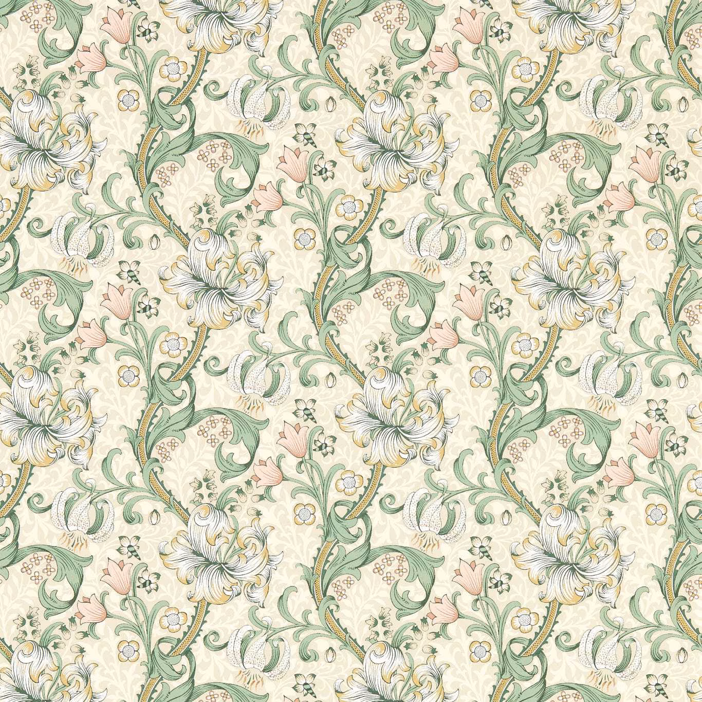 Cream botanical wallpaper with sage leaves, blush flowers and curling lily motifs