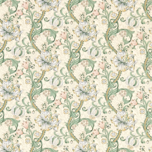 Cream botanical wallpaper with sage leaves, blush flowers and curling lily motifs