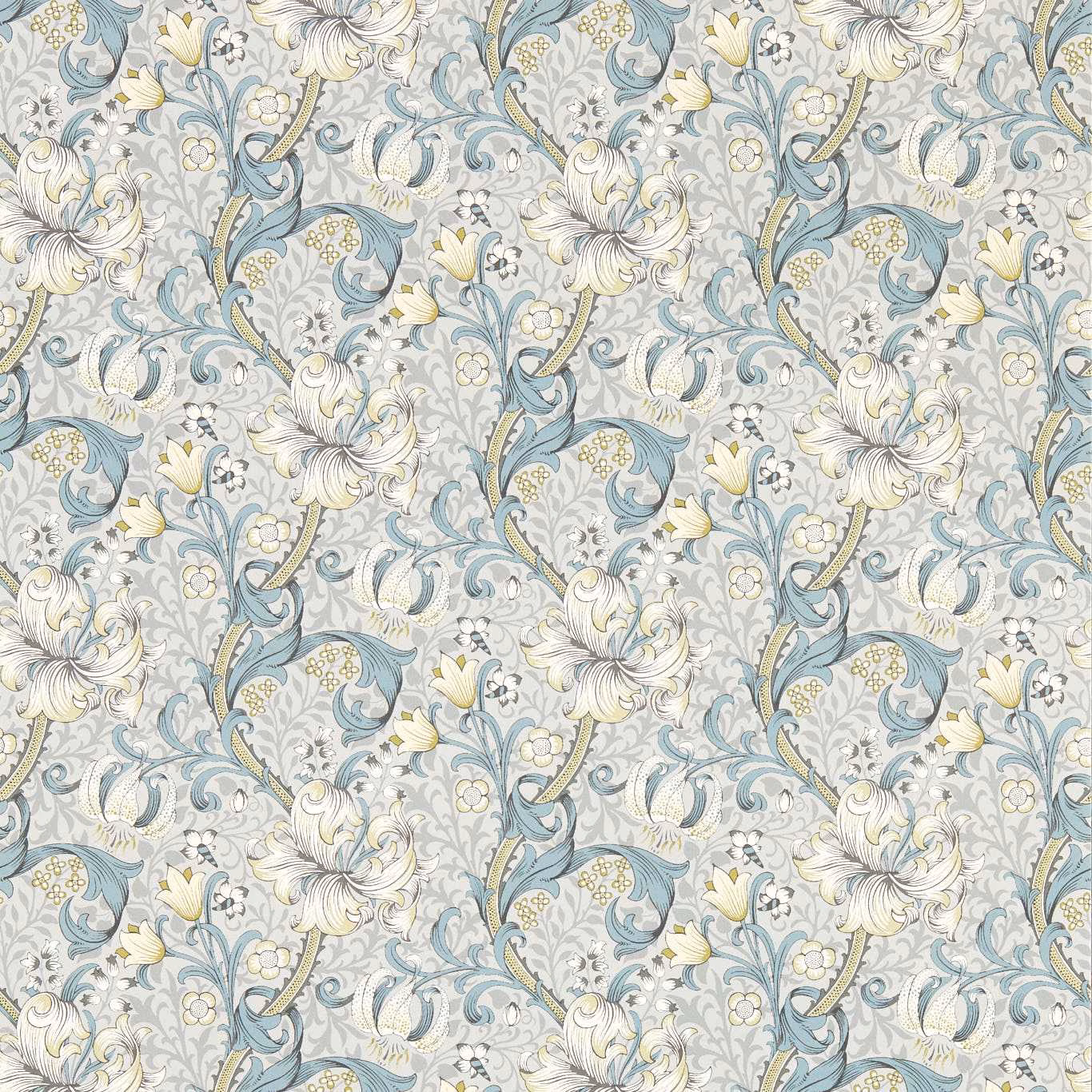 Slate-blue and dove-grey Golden Lily flowers with ivory petals and curling leaves