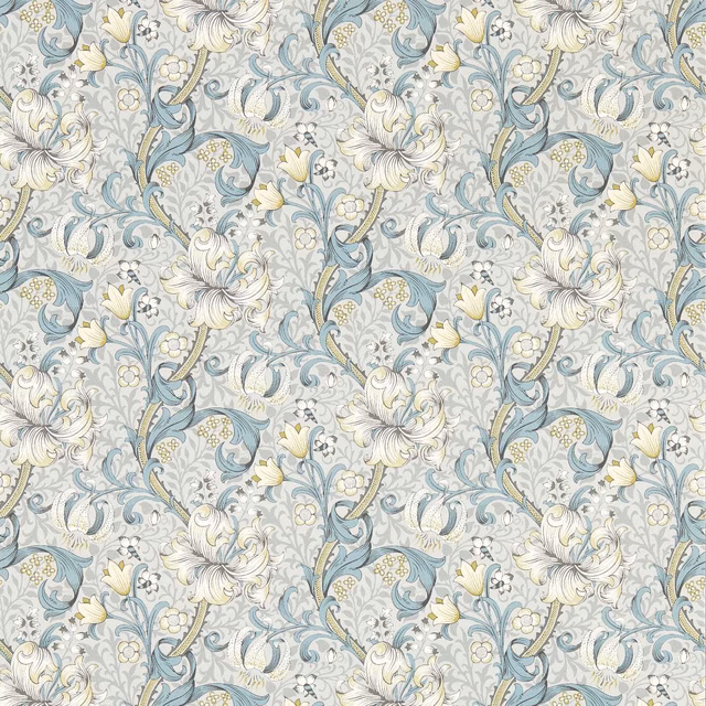 Slate-blue and dove-grey Golden Lily flowers with ivory petals and curling leaves