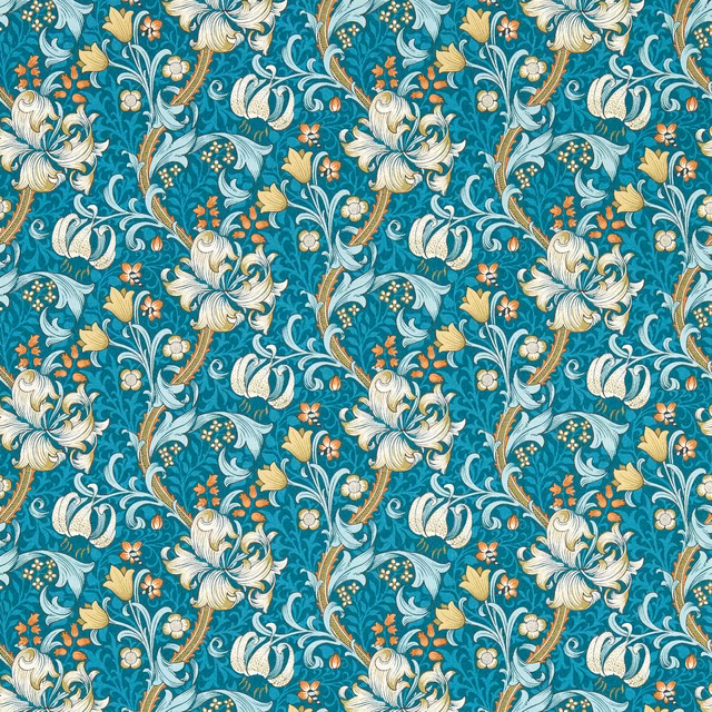 Deep teal wallpaper with cream lilies, gold leaves and coral flower accents