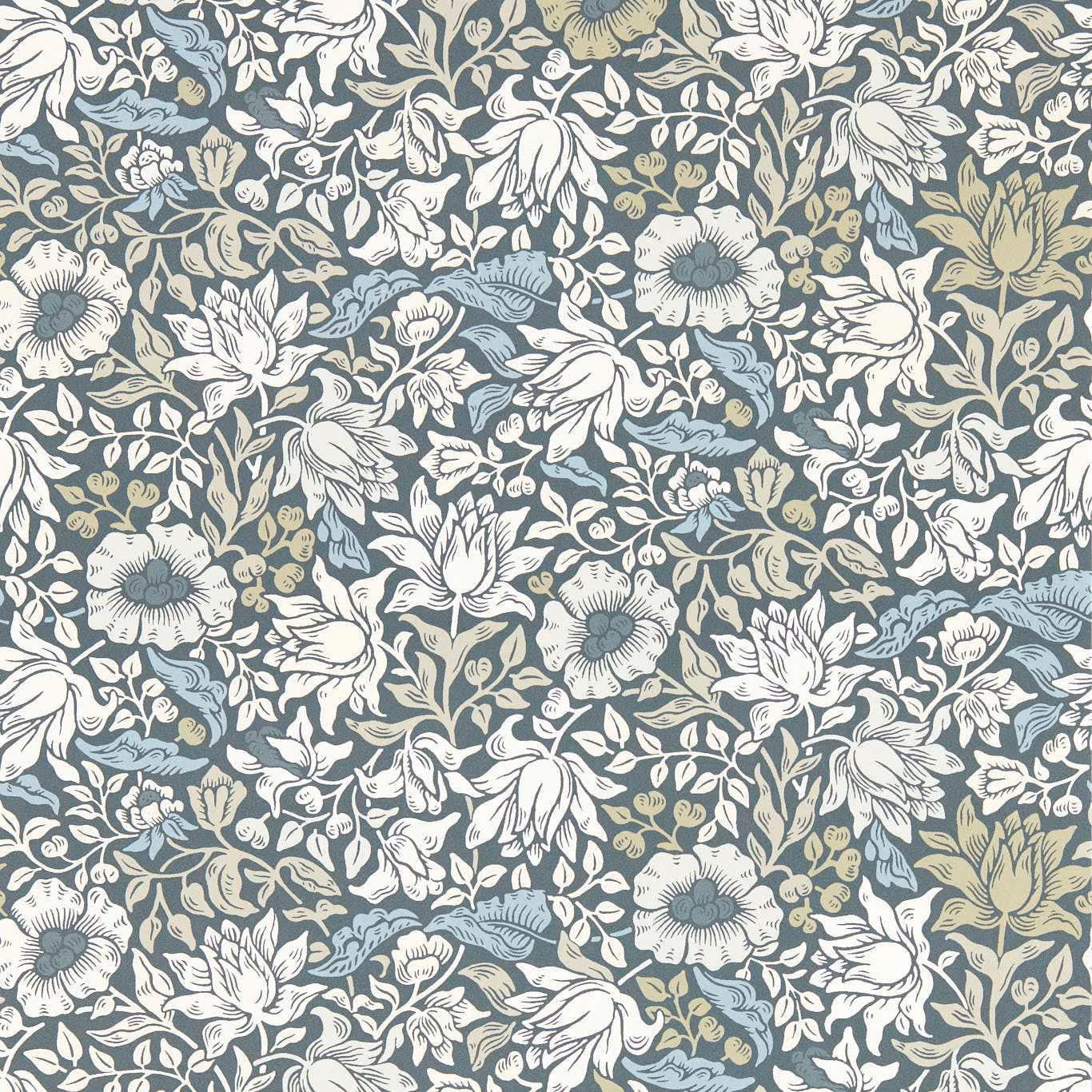 Slate blue-grey wallpaper with dove flowers, leafy stems and muted olive botanical accents