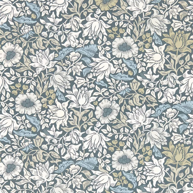 Slate blue-grey wallpaper with dove flowers, leafy stems and muted olive botanical accents