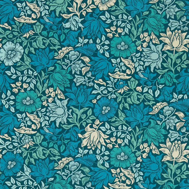 Dense teal floral wallpaper with cream blooms, turquoise leaves and curling botanical motifs