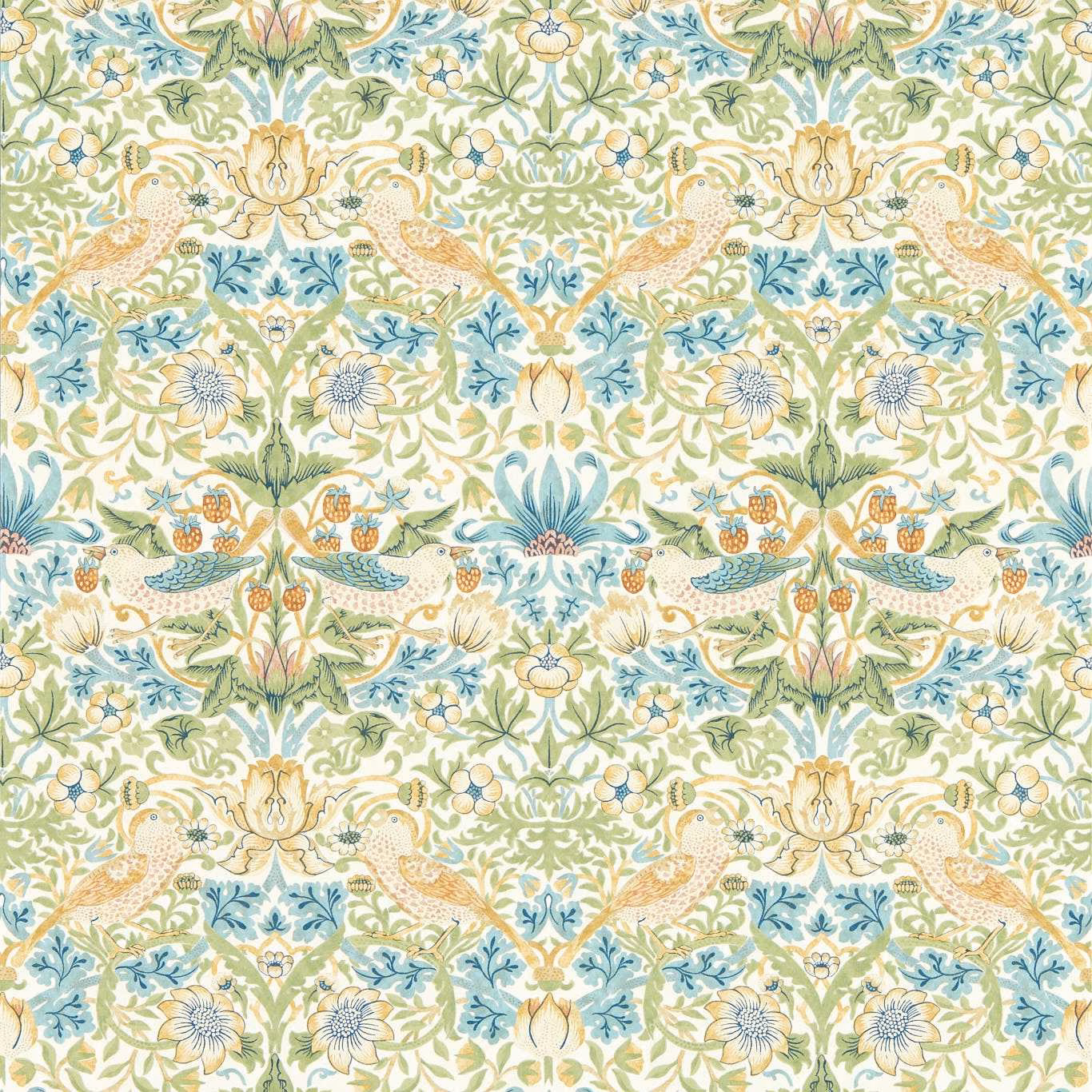 Cream wallpaper with blush birds, teal foliage, pale green leaves and yellow flowers