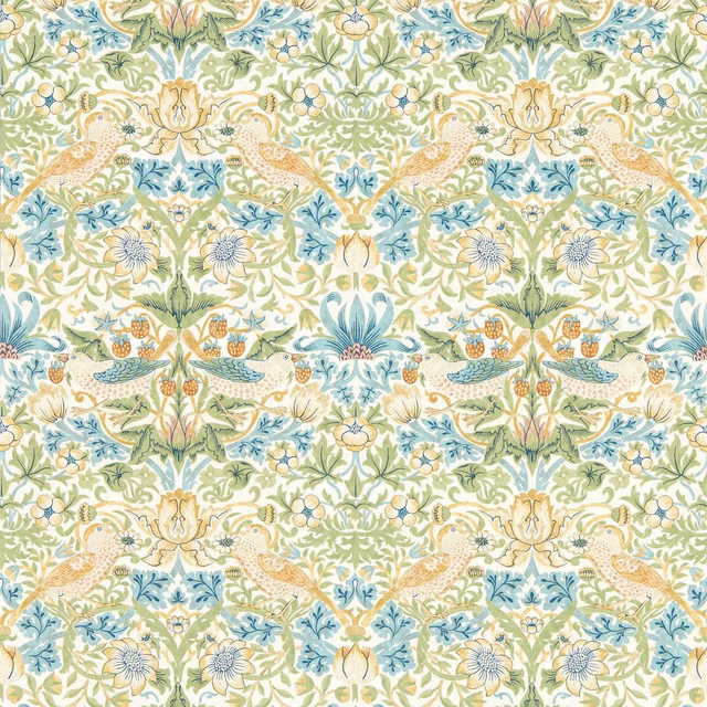 Cream wallpaper with blush birds, teal foliage, pale green leaves and yellow flowers