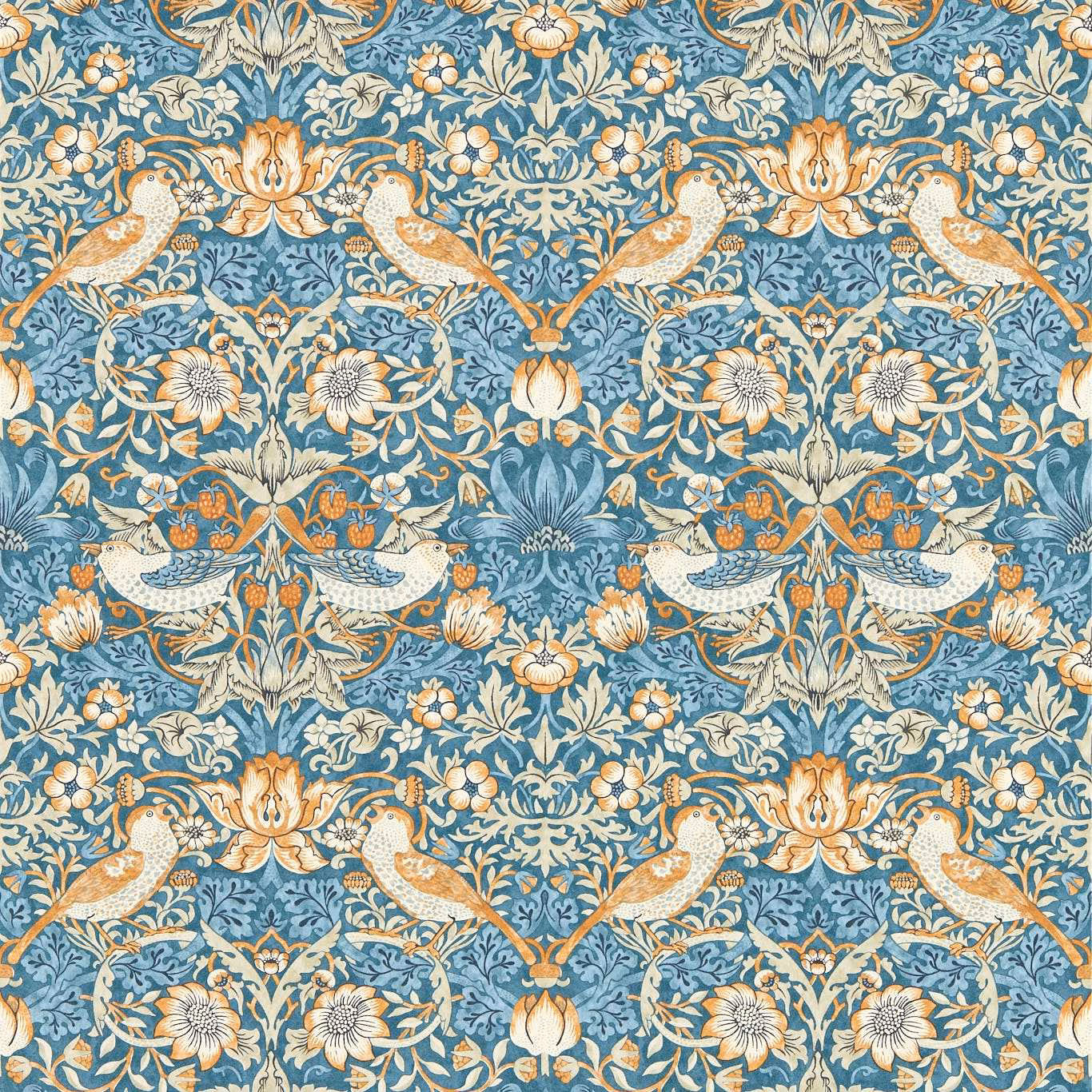 Denim-blue wallpaper with spice-orange birds, cream flowers and intricate leafy trails