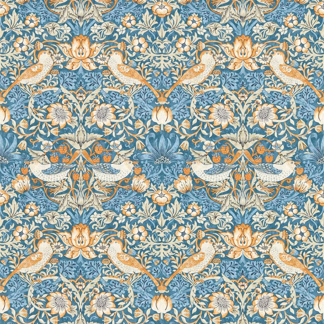Denim-blue wallpaper with spice-orange birds, cream flowers and intricate leafy trails
