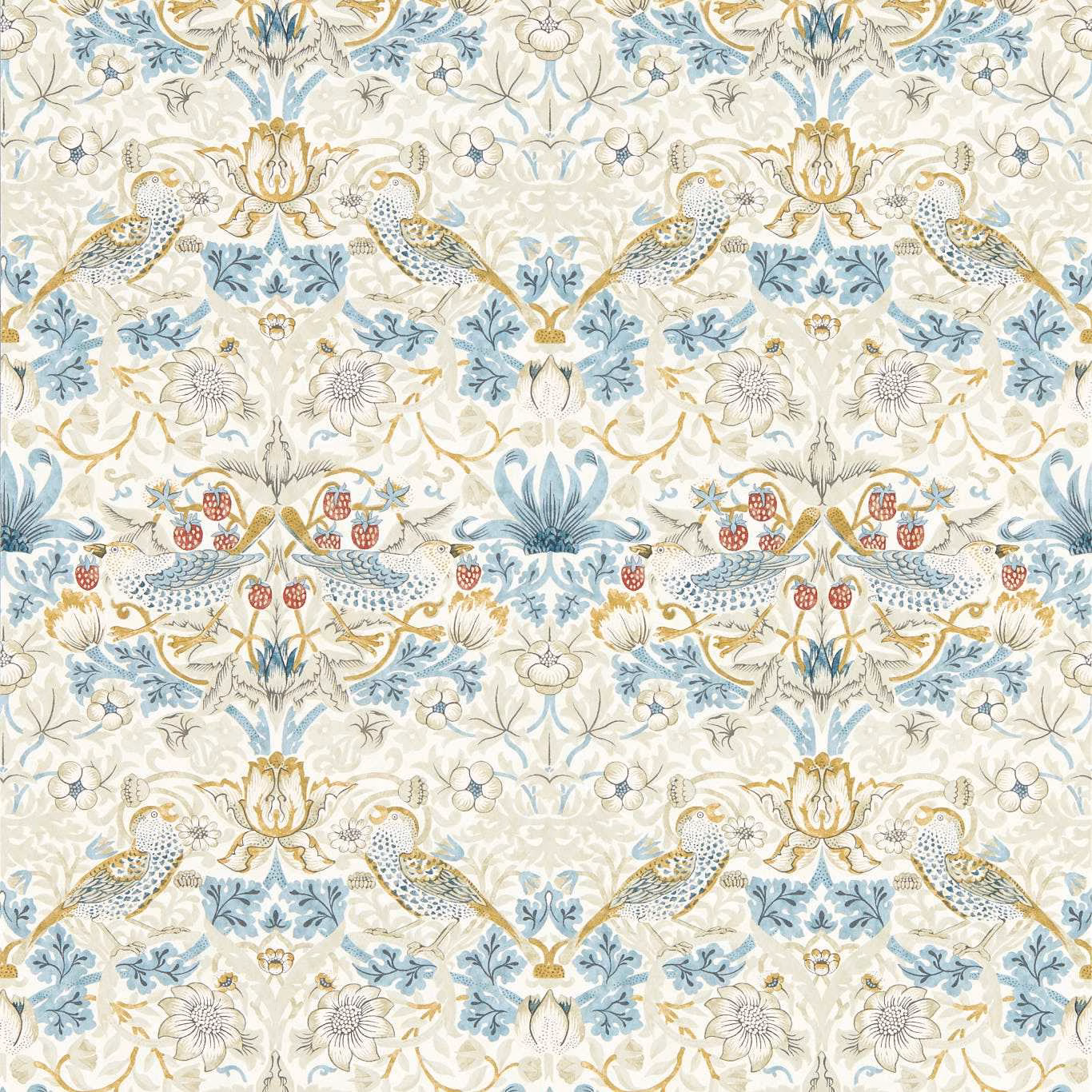 Cream wallpaper with blue birds, muted gold foliage and plum strawberry sprays