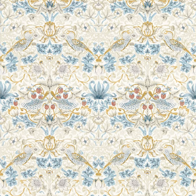 Cream wallpaper with blue birds, muted gold foliage and plum strawberry sprays