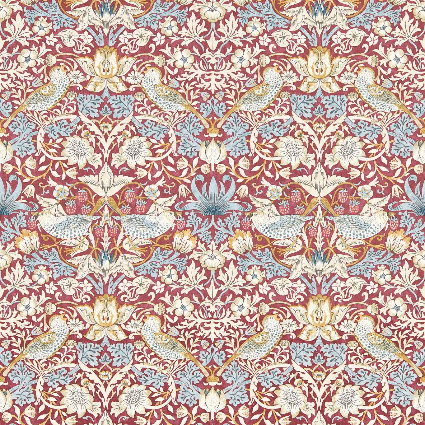 Deep plum wallpaper with cream birds, pale blue foliage and ornate flowering stems