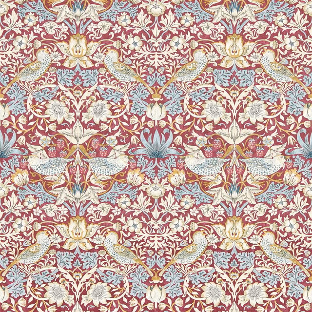 Deep plum wallpaper with cream birds, pale blue foliage and ornate flowering stems