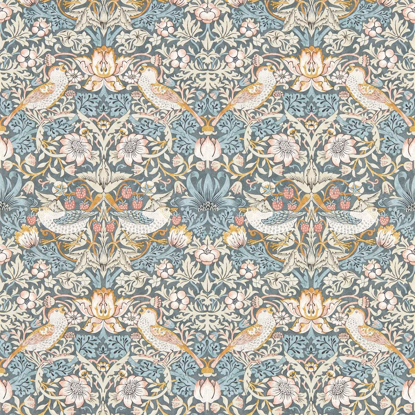 Slate-blue wallpaper with blush flowers, paired birds, ivory blooms and curling foliage