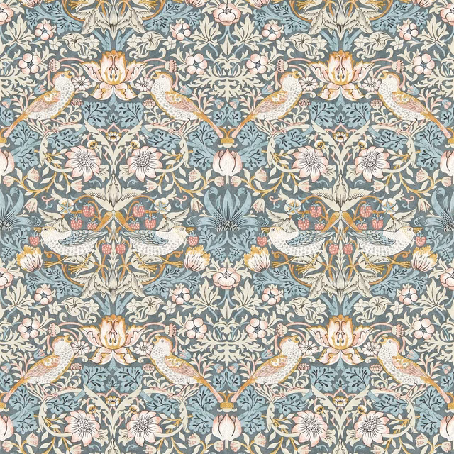 Slate-blue wallpaper with blush flowers, paired birds, ivory blooms and curling foliage