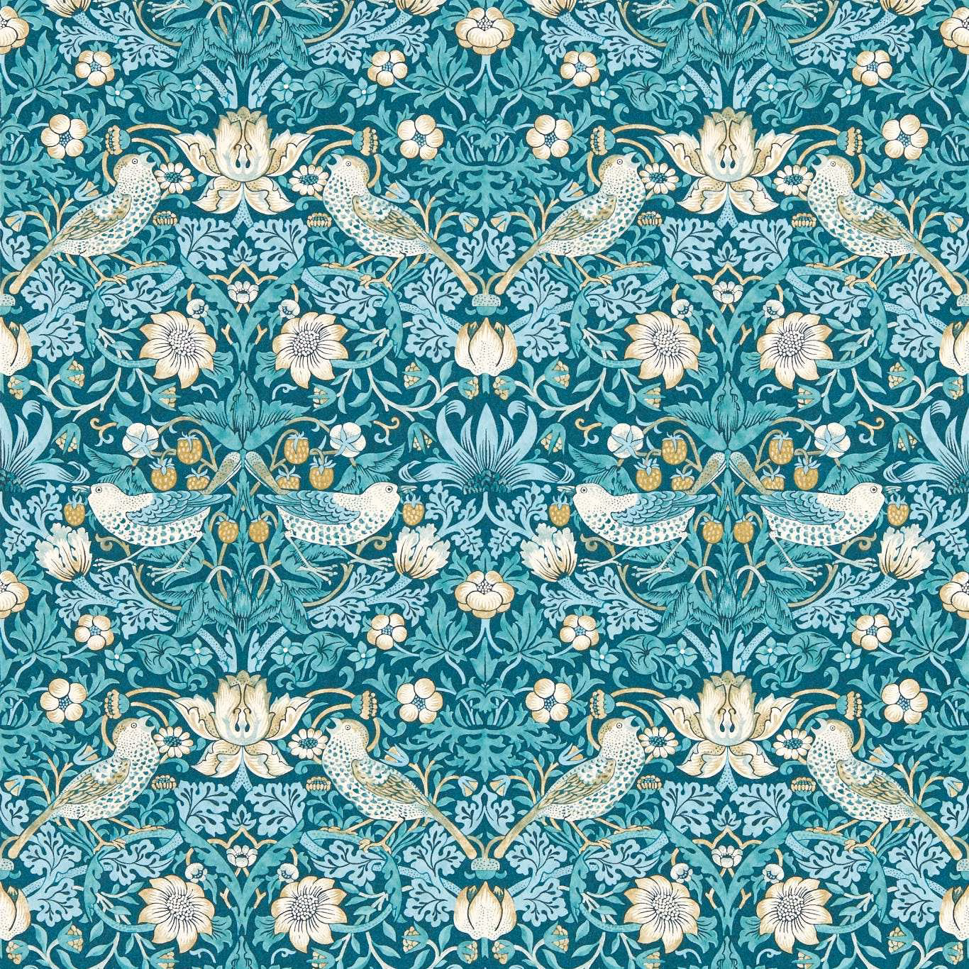 Deep teal wallpaper with cream birds, pale leaves and scrolling botanical flowers