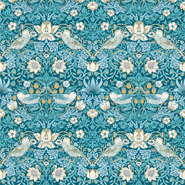 Deep teal wallpaper with cream birds, pale leaves and scrolling botanical flowers