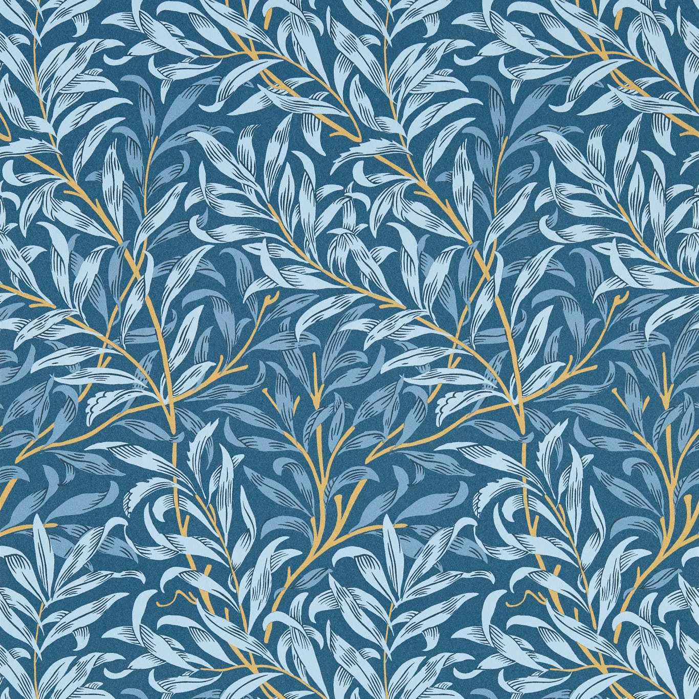 Denim-blue wallpaper with pale feathery leaves and ochre botanical stems