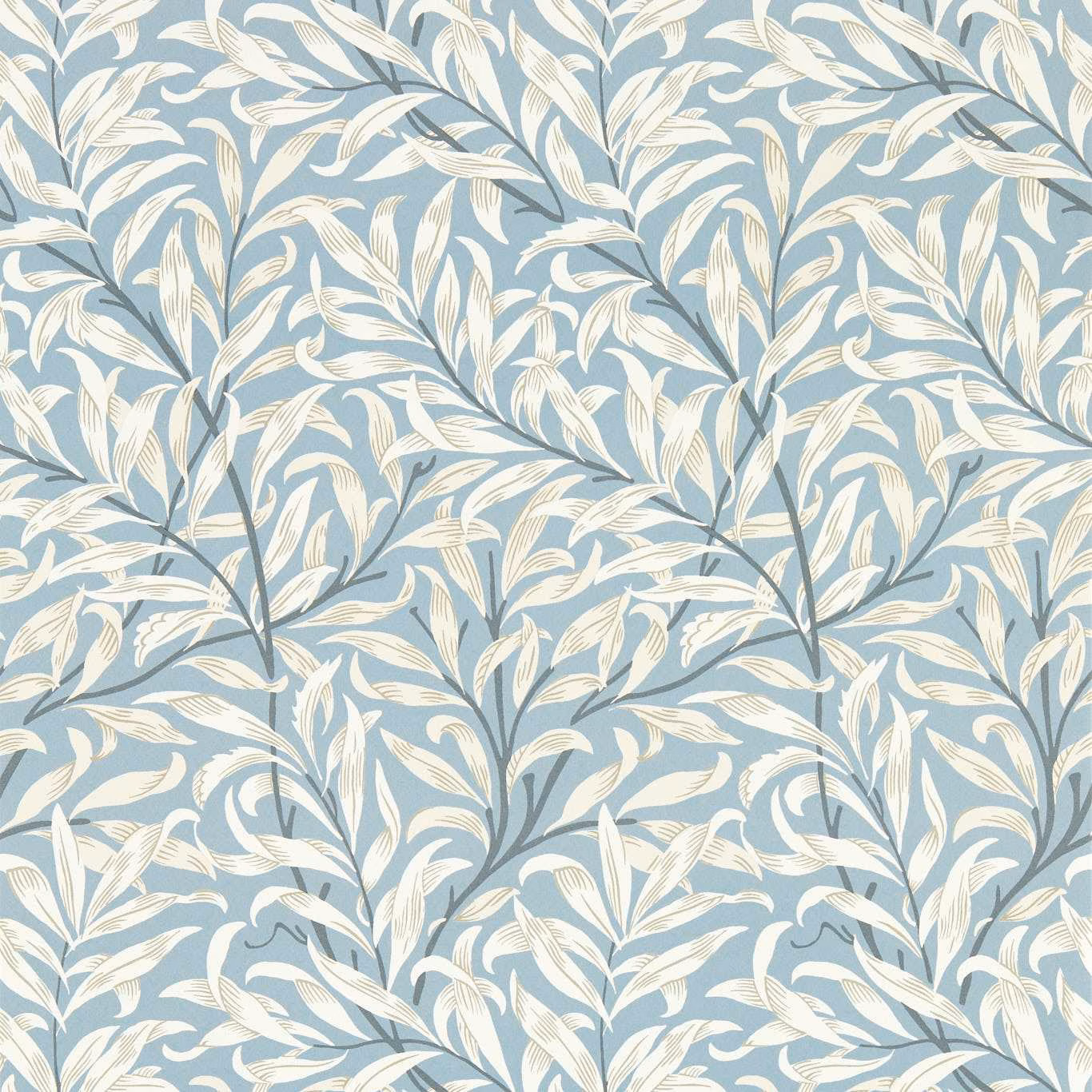 Muted dove-blue wallpaper with ivory leafy boughs and fine slate branches