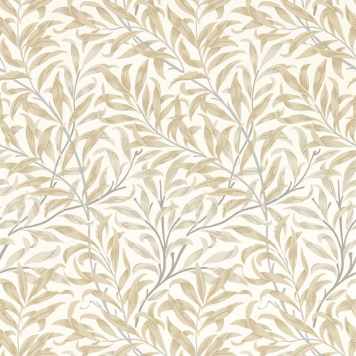 Warm cream wallpaper with taupe willow leaves and fine grey-green stems