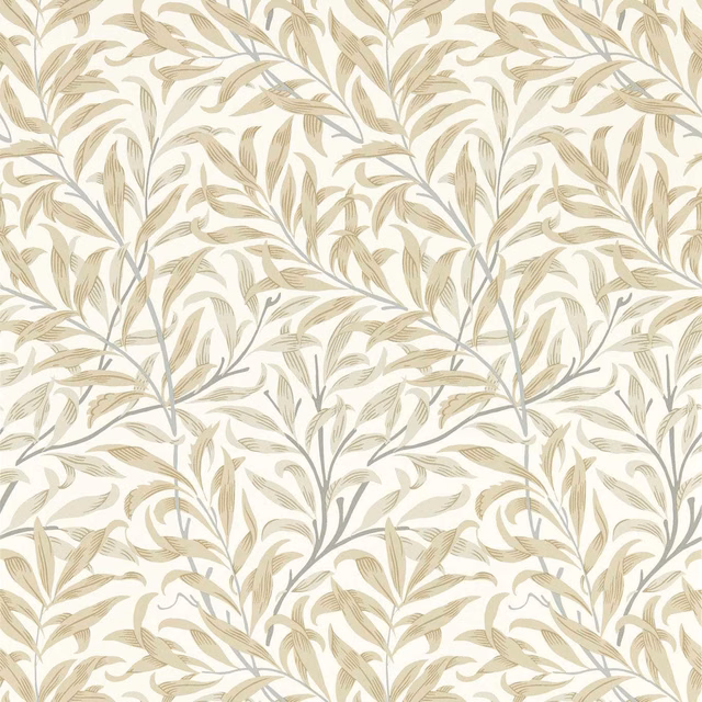 Warm cream wallpaper with taupe willow leaves and fine grey-green stems