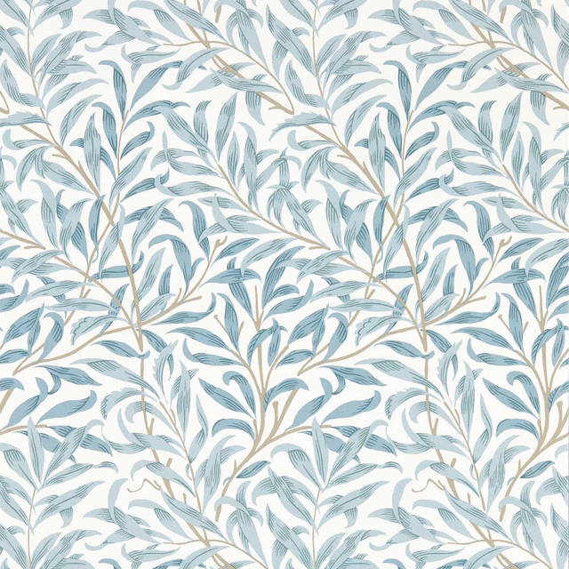 Pale mineral-blue leafy branches with fine beige stems on a creamy ground