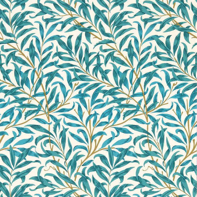 Teal leafy boughs with ochre stems repeating across a cream wallpaper ground
