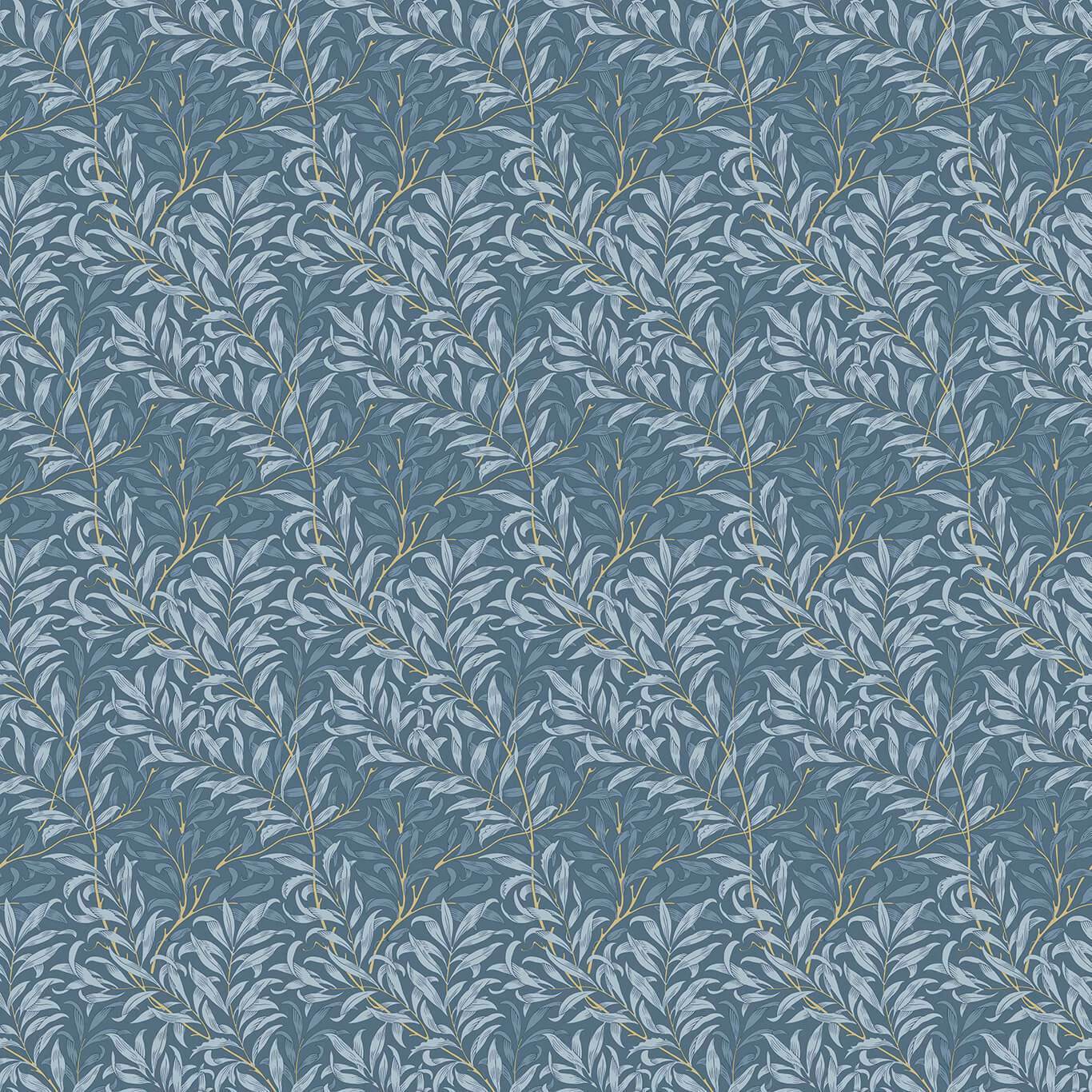 Dense pale blue-grey willow leaves and olive stems on a muted denim-blue ground