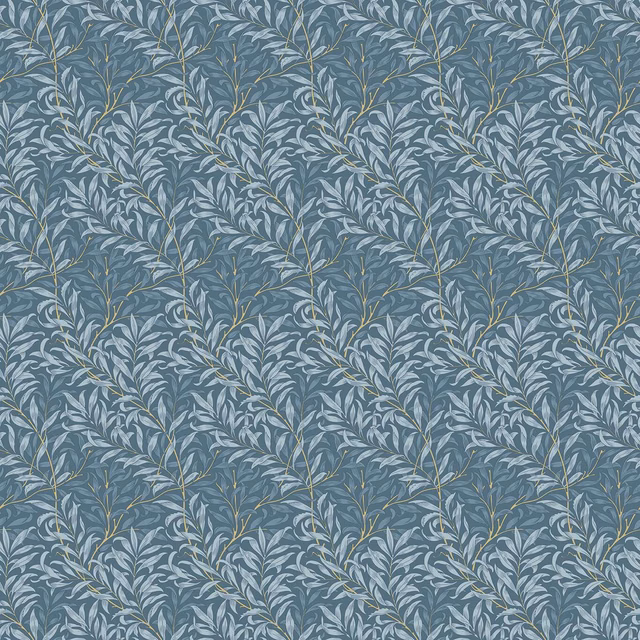 Dense pale blue-grey willow leaves and olive stems on a muted denim-blue ground