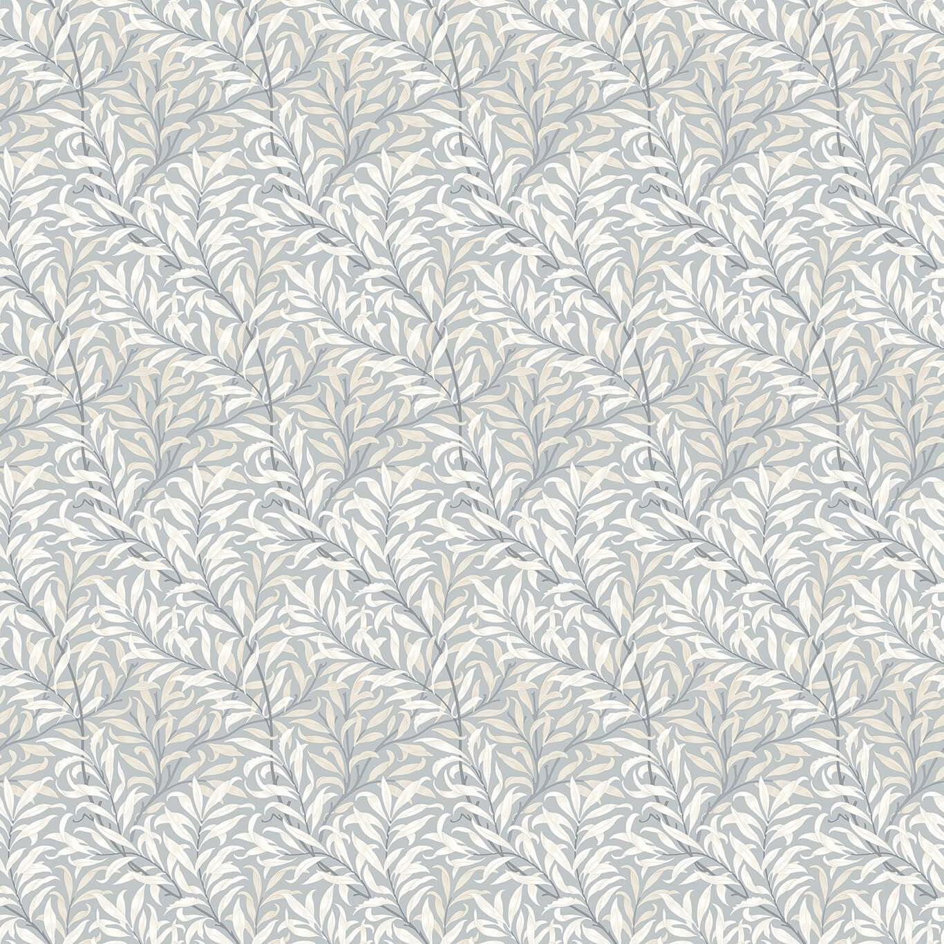 Dove-grey fabric with ivory and blue-grey leafy branches in a dense botanical repeat
