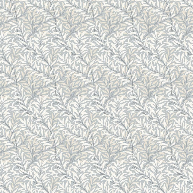 Dove-grey fabric with ivory and blue-grey leafy branches in a dense botanical repeat