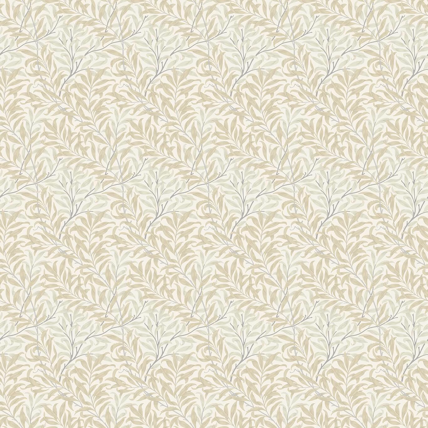 Warm ivory fabric with muted taupe leafy boughs and fine blue-grey stems
