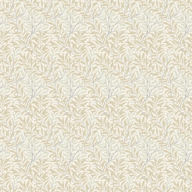 Warm ivory fabric with muted taupe leafy boughs and fine blue-grey stems