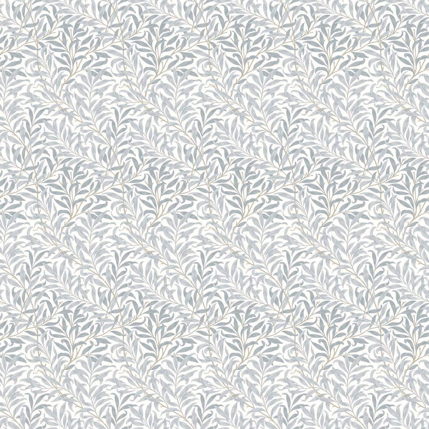 Pale mineral blue-grey leafy vines on an ivory ground, close-up fabric swatch